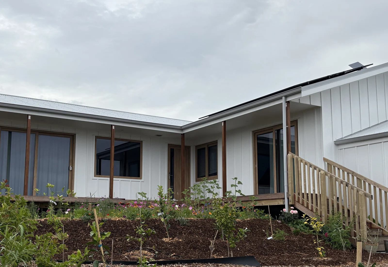 A completed new build home in Raglan with white vertical cladding