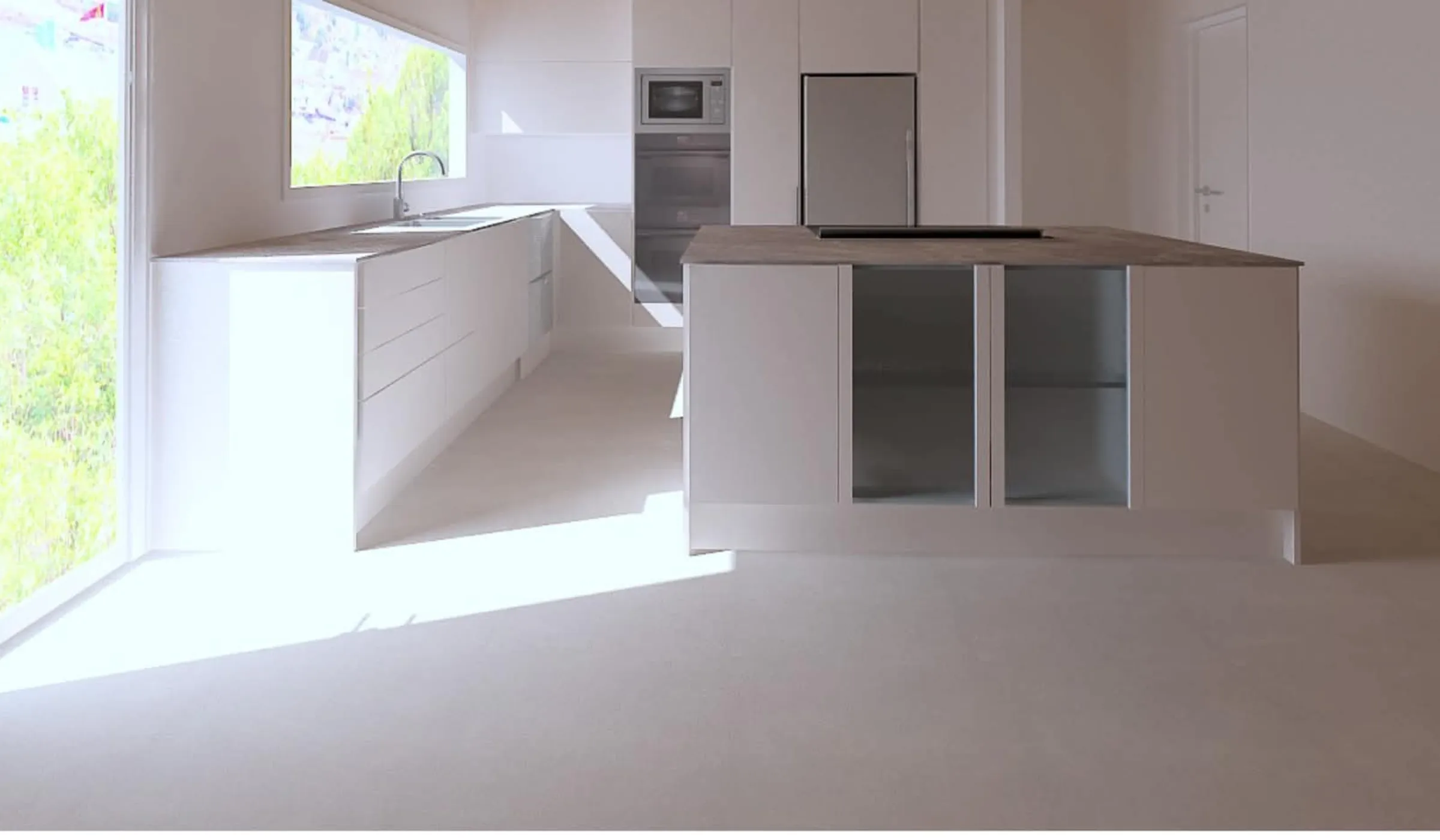 The finished kitchen and lounge opened into one space — white minimalist kitchen with island bench, sliding window over the counter, lounge extending right